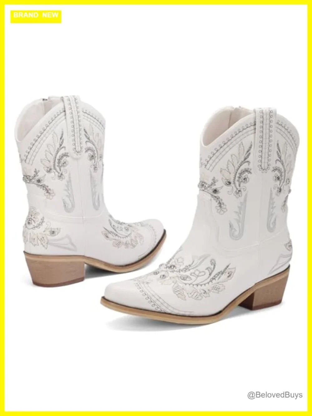 Rhinestone Embroidered Ankle Cowboy Boots Chunky Heel Western Booties